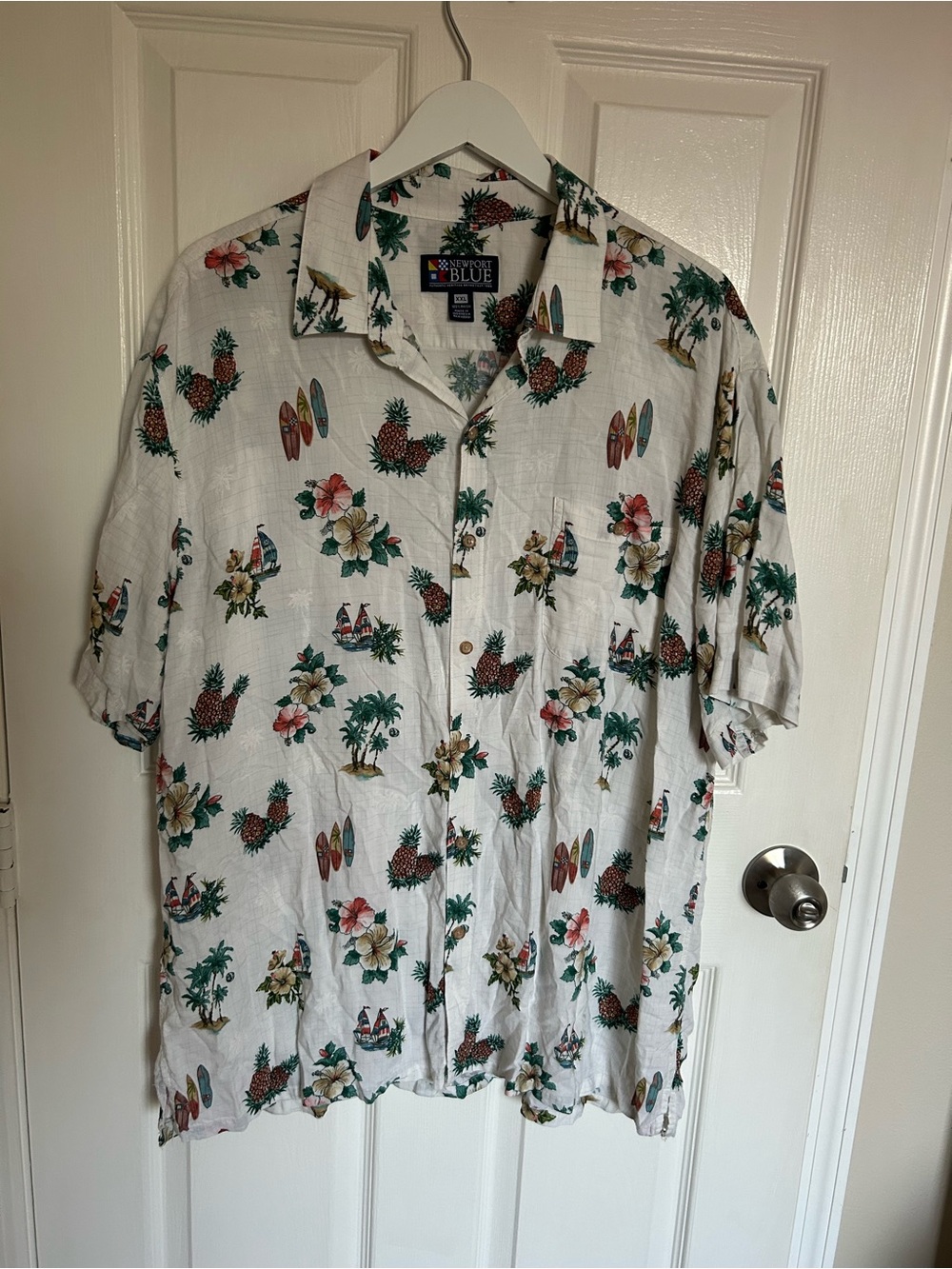 Newport Blue White Tropical Print Short-Sleeve Button-Up Shirt